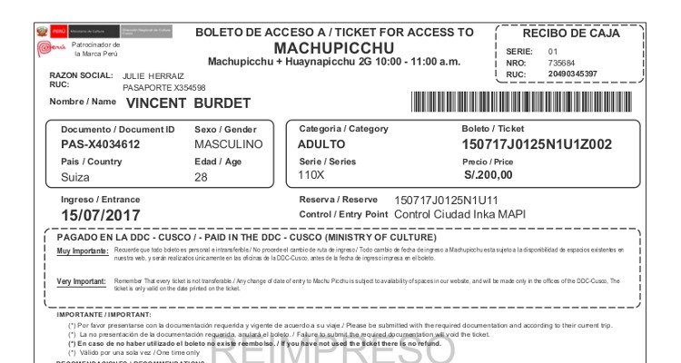 Machu Picchu Ticket Huaynapicchu